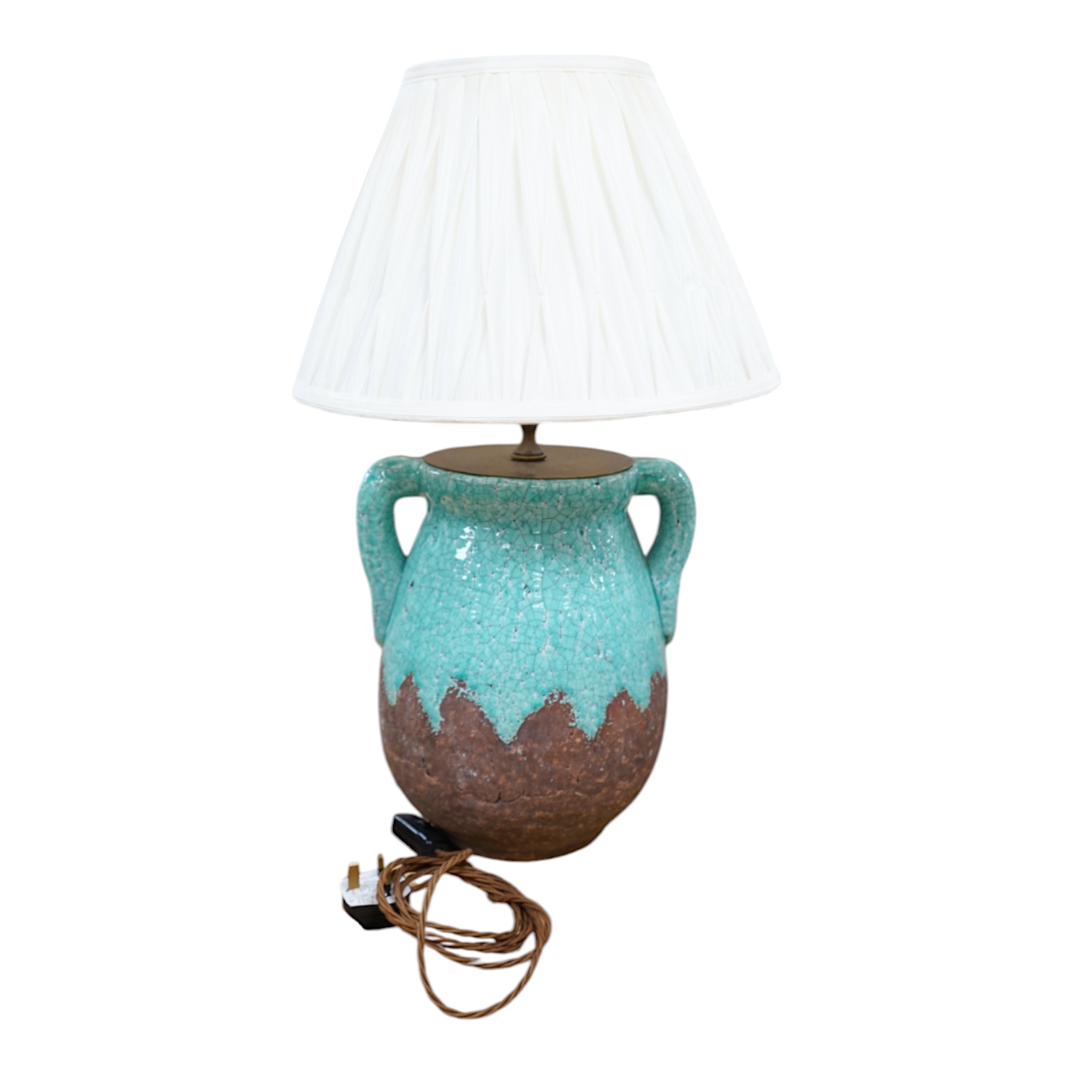 A turquoise lava ceramic table lamp with fabric shade, wired, 65cm high to top of shade. Condition - good